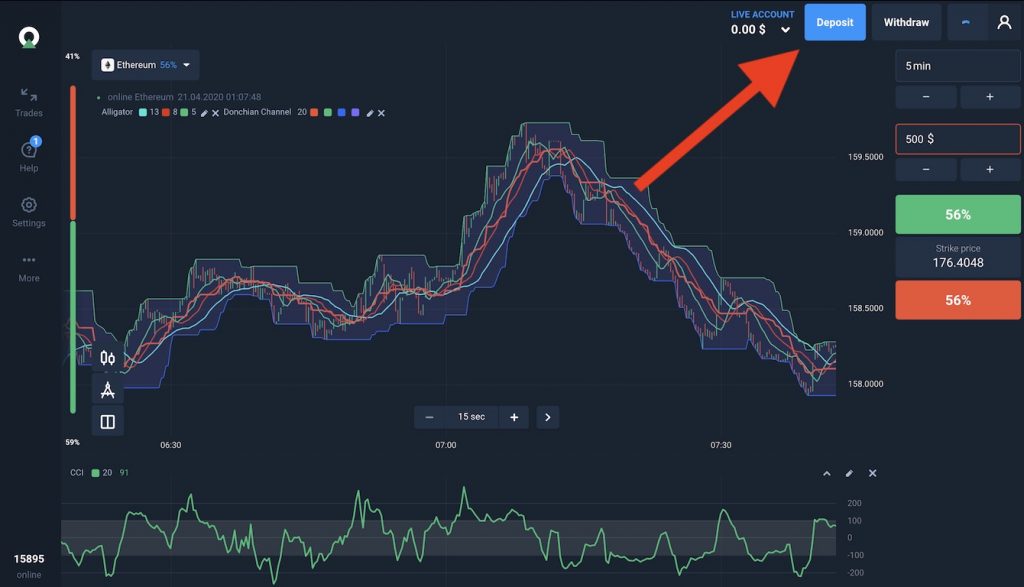 Langkah 1: Masuk ke halaman utama Olymp Trade dan klik tombol Deposit