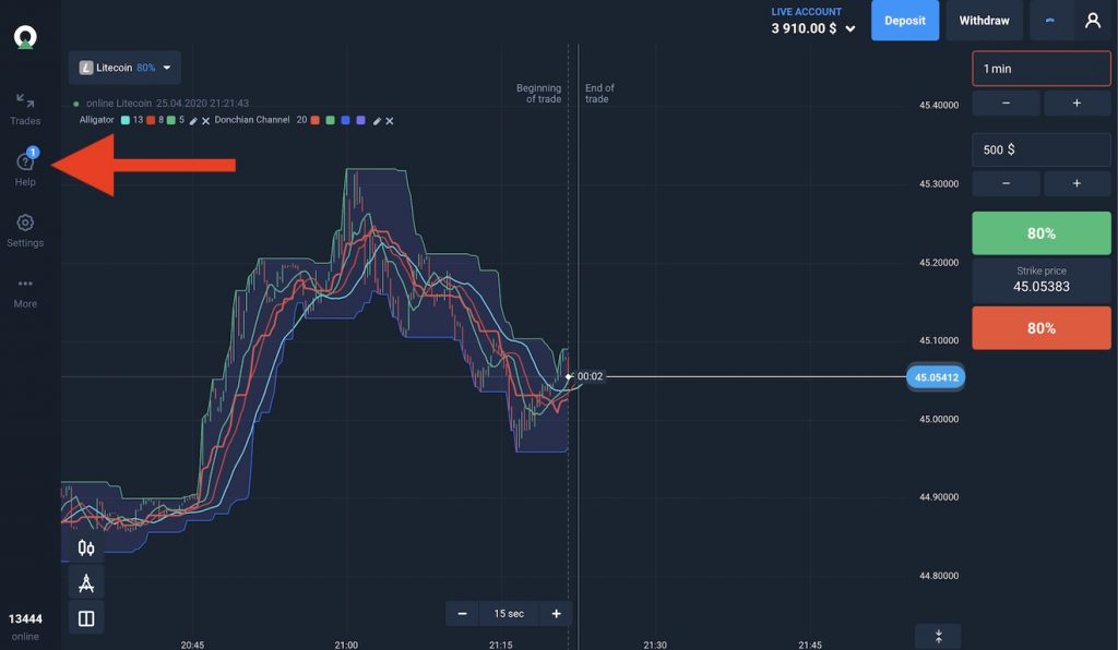 Contact OlympTrade support by clicking on the help button