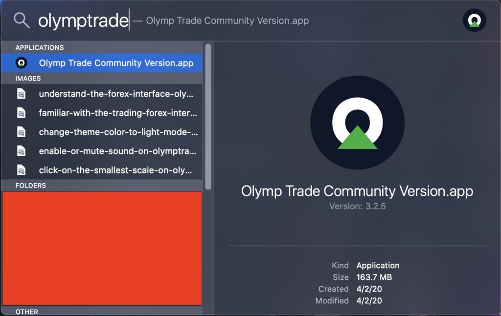 Find Olymp Trade by Spotlight on Mac