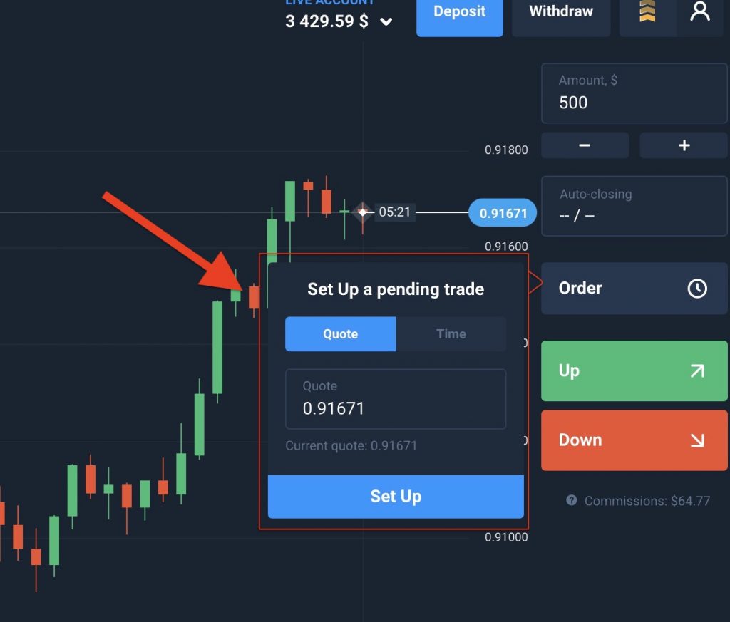 Step Three: Select Quote to set up pending order based on value when trading Forex on Olymp Trade