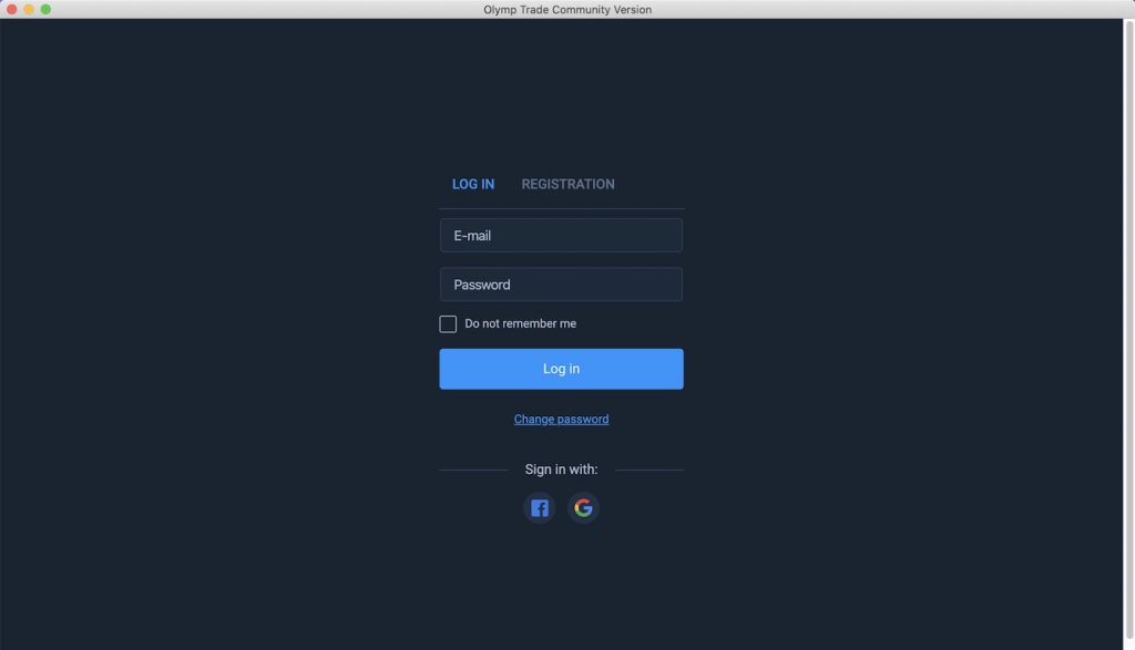 Login page of Olymp Trade App on Mac