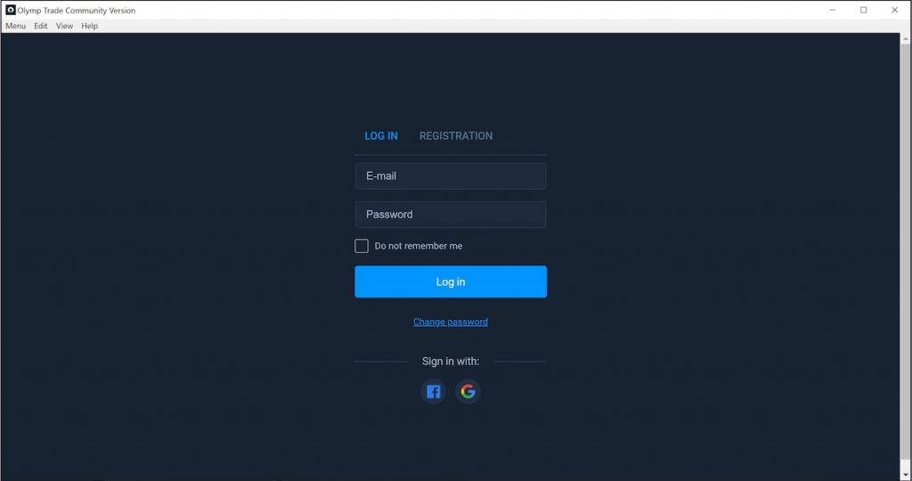 Login page of Olymp Trade for Desktop on Window 10