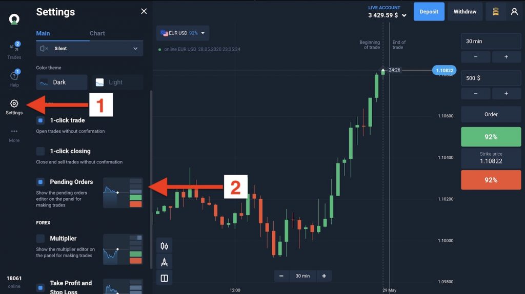 Step one: Turn on the Pending orders feature on Olymp Trade