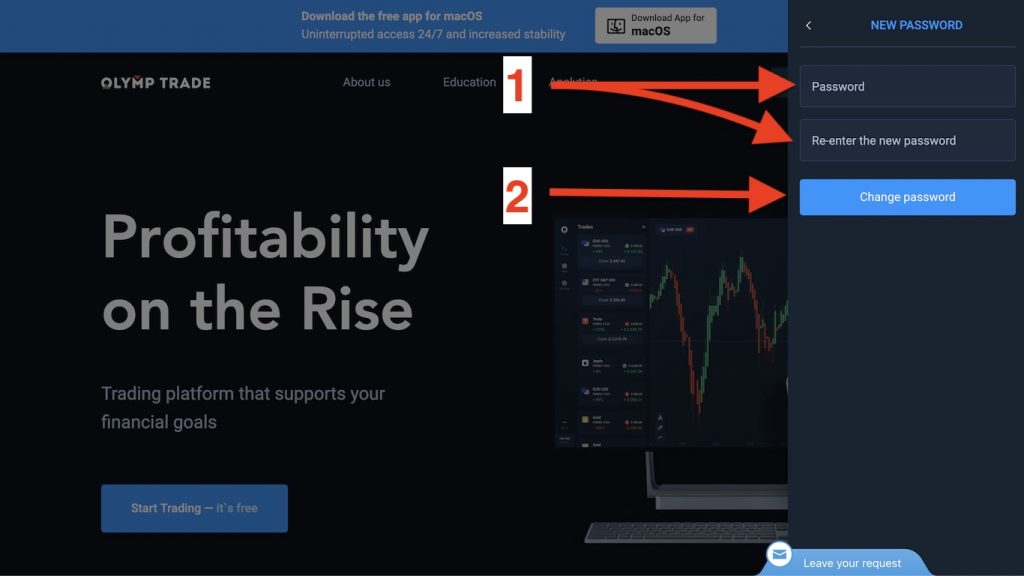 Step 5: Enter a new password for your Olymp Trade account