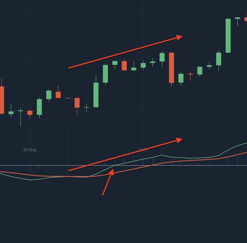 The MACD indicator crosses the zero line, and the price is rising at the same time