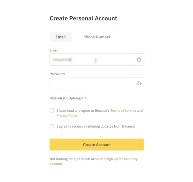 Binance Register Form