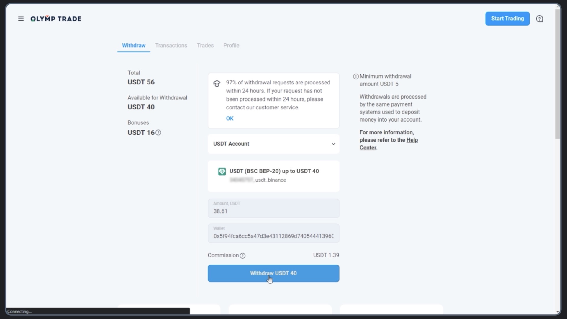 Withdraw USDT with Olymptrade